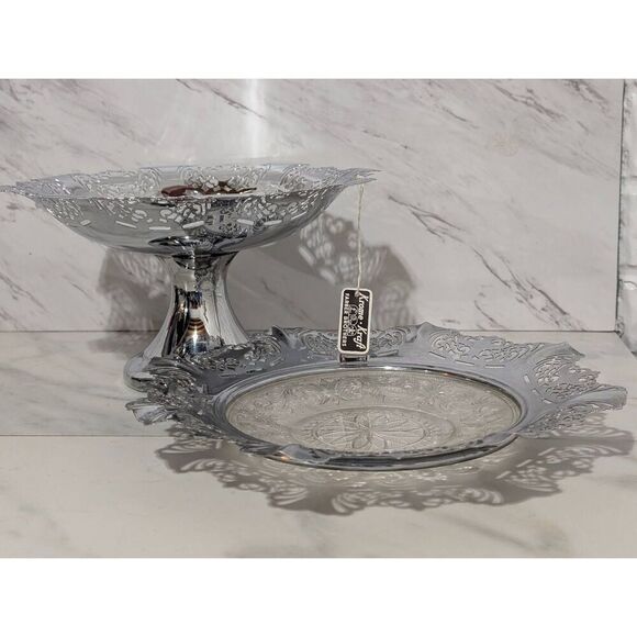 Farber Brothers Krome Kraft Pedestal Serving Dish And Cut Glass Plate NWT - Picture 1 of 10